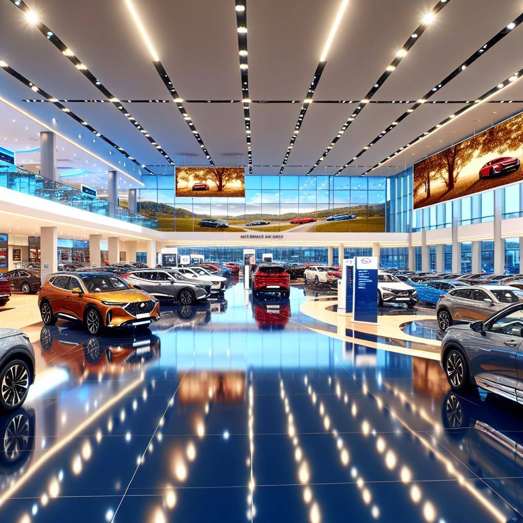 car dealership company, many cars in the hall