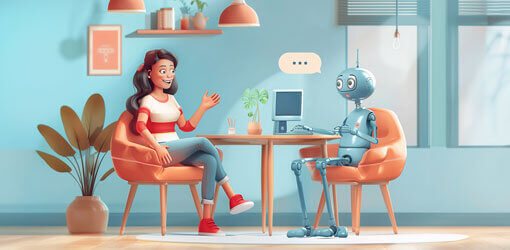 A woman and a robot are engaged in a friendly conversation in a cozy, modern setting.