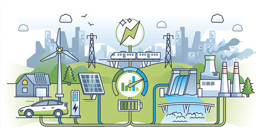 Sähköverkkoa ja eri energiantuotantomuotoja kaupunkiympäristössä.
