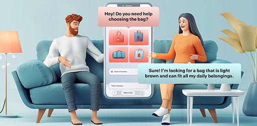 Man and woman sitting on a couch and using conversational commerce features while shopping via mobile app.