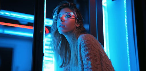 Woman with transparent glasses wearing sweater, looking upwards and thinking about Nordic eCommerce trend report in a futuristic ambient lighting