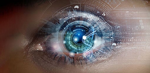 Närbild av ett öga med överlägg av djupvisionsinformation från e-handelsbutik